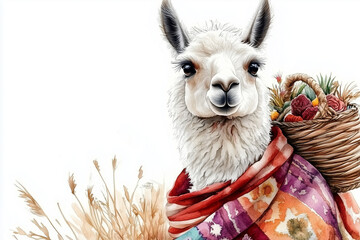White llama with basket and patchwork blanket in harvest scene