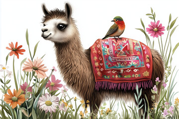 Llama with red blanket and bird in floral meadow illustration
