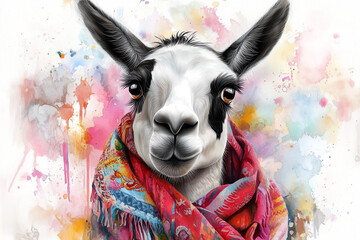 Close-up llama in red scarf against watercolor splash background