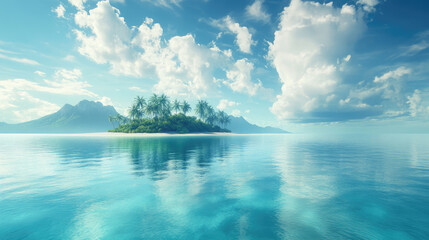 Tropical paradise island with palm trees, turquoise ocean and clear blue sky, symbolizing exotic vacation getaway, serenity, and dream destination for relaxing holidays and nature lovers