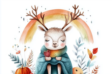 Cute deer with rainbow and autumn elements illustration.
