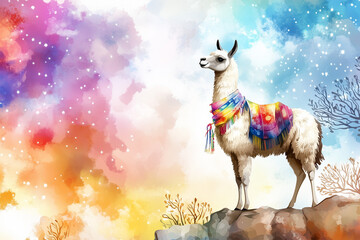 Llama in rainbow scarf on cliff with colorful sky.