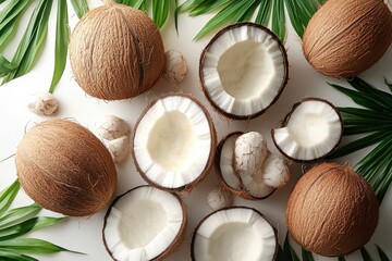Fresh coconuts with green palm leaves, showcasing both whole and cut halves, highlighting the natural texture and tropical essence.