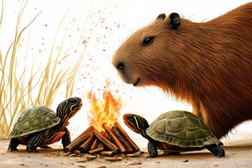 Capybara and turtles sitting around a campfire illustration.