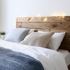 Rustic wooden headboard with fairy lights perfect for a cozy bedroom featu white linens and a blue throw blanket with soft neutral pillows decor