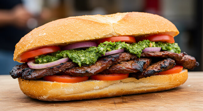 Delicious Argentinian bondiola sandwich with chimichurri sauce close up