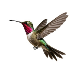 Fototapeta premium Ruby throated hummingbird frozen in mid flight with wings outstretched showing iridescent feathers