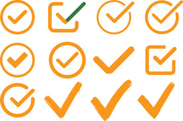 Check Mark Icon Set, Orange Tick Symbol Collection, Vector Approval Signs