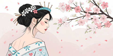 Asian Woman In Patterned Kimono With Cherry Blossoms In Hair, Standing Beside Blooming Branches, Symbolizing Elegance And Serenity, Ideal For Fashion Branding, Spring Campaigns, And Editorial Use