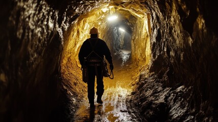 A lone miner walking through a gold illuminated narrow tunnel in a mine