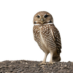 Fototapeta premium Adorable burrowing owl stands tall on gravel surface detailed close-up portrait