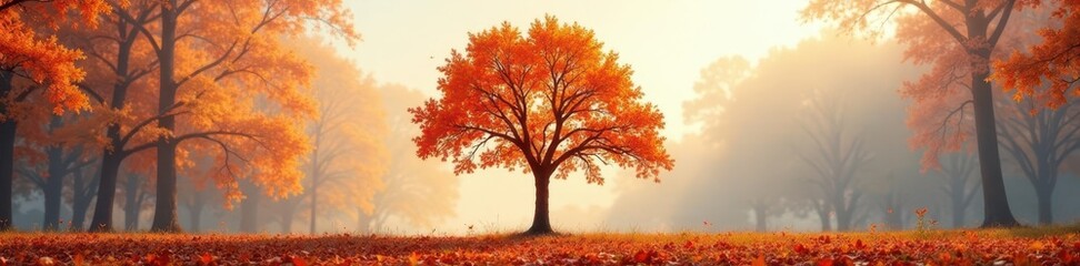 Lone tree branch stark against autumn leaves backdrop, design, abstract, illustration