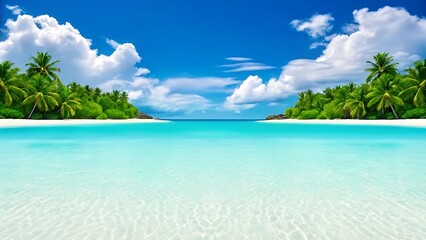 A postcard-perfect tropical paradise, white sand beach fringed by lush palm trees under a vibrant blue sky with crystal-clear turquoise waters.