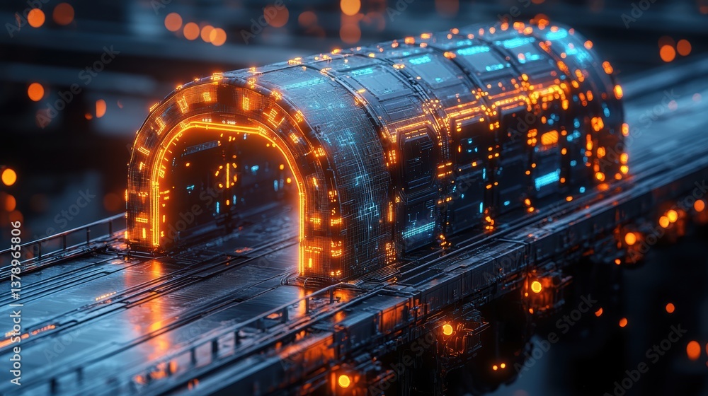 Poster futuristic tunnel illuminated with vibrant lights, showcasing modern design and technological advanc
