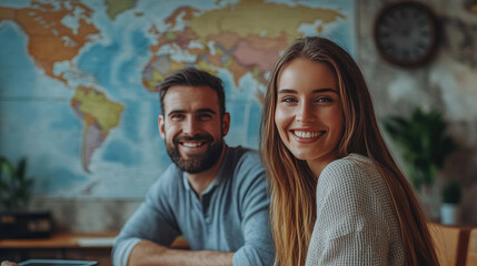 Happy young couple looking at travel destinations in a guidebook, smiling and planning a vacation adventure. Cozy library setting with world map in the background. Concept of romantic trip planning.