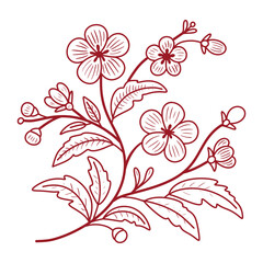 Minimalist Line Art Floral Illustration. Delicate Elegant Red Flower Branch with Blooms and Leaves, Traditional Asian Botanical Art Inspired Hand Drawn Drawing