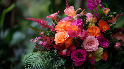 Obraz premium A lush bouquet of tropical flowers with bright hues of pink and orange.