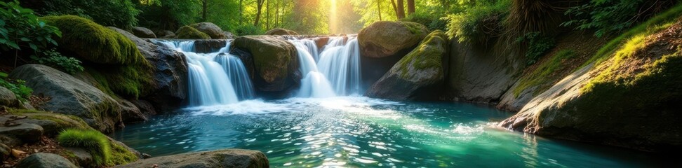 Fototapeta premium Sun-dappled waterfall, crystal clear water, moss-covered rocks, image, peaceful, enchanted