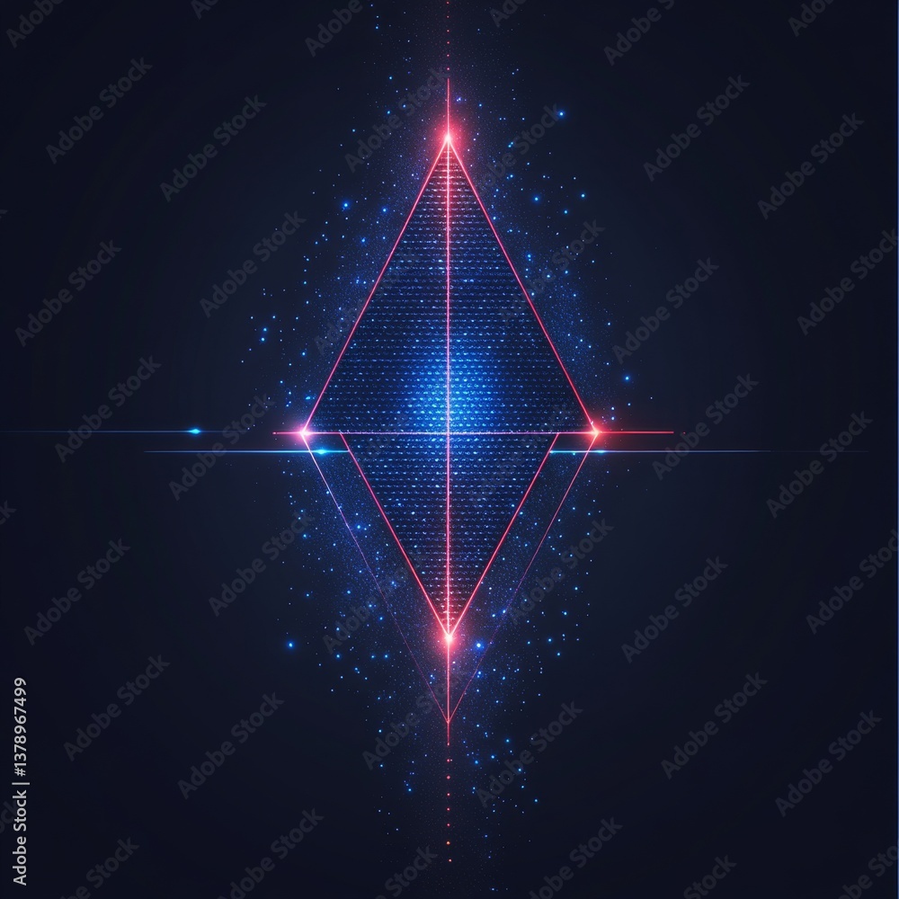 Poster abstract geometric design: glowing red pyramid with blue particles on dark background