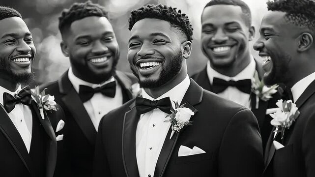 A joyful moment of groom and groomsmen in tuxedos
