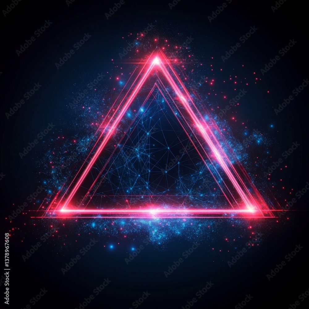 Fototapete Abstract Neon Triangle Portal with Connected Dots on Dark Background - Visual Art