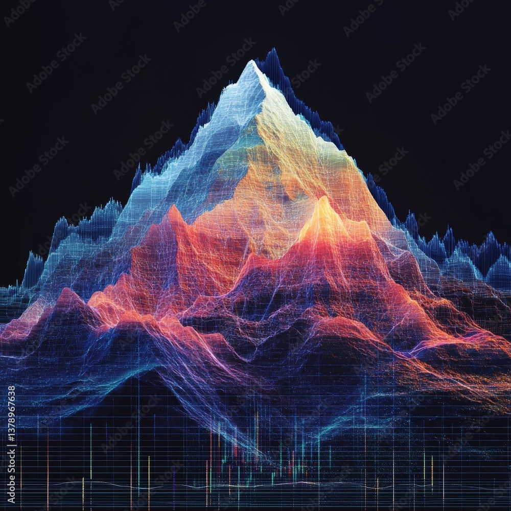 Leinwandbilder abstract mountain range: digital data visualization of topography with vibrant colors on black backg