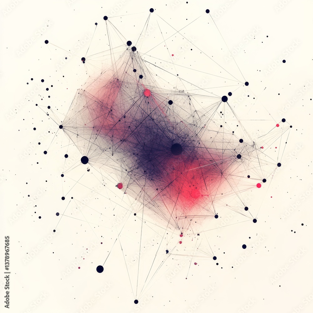 Fototapete abstract network: interconnected points and lines with red and blue hues on white background