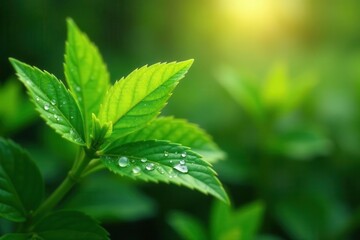 Emerald leaves glistening with morning dew, sunlight reflecting , vegetation, botanical