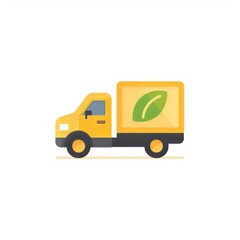 Minimalist vector icon of eco friendly delivery truck with green leaf on white background