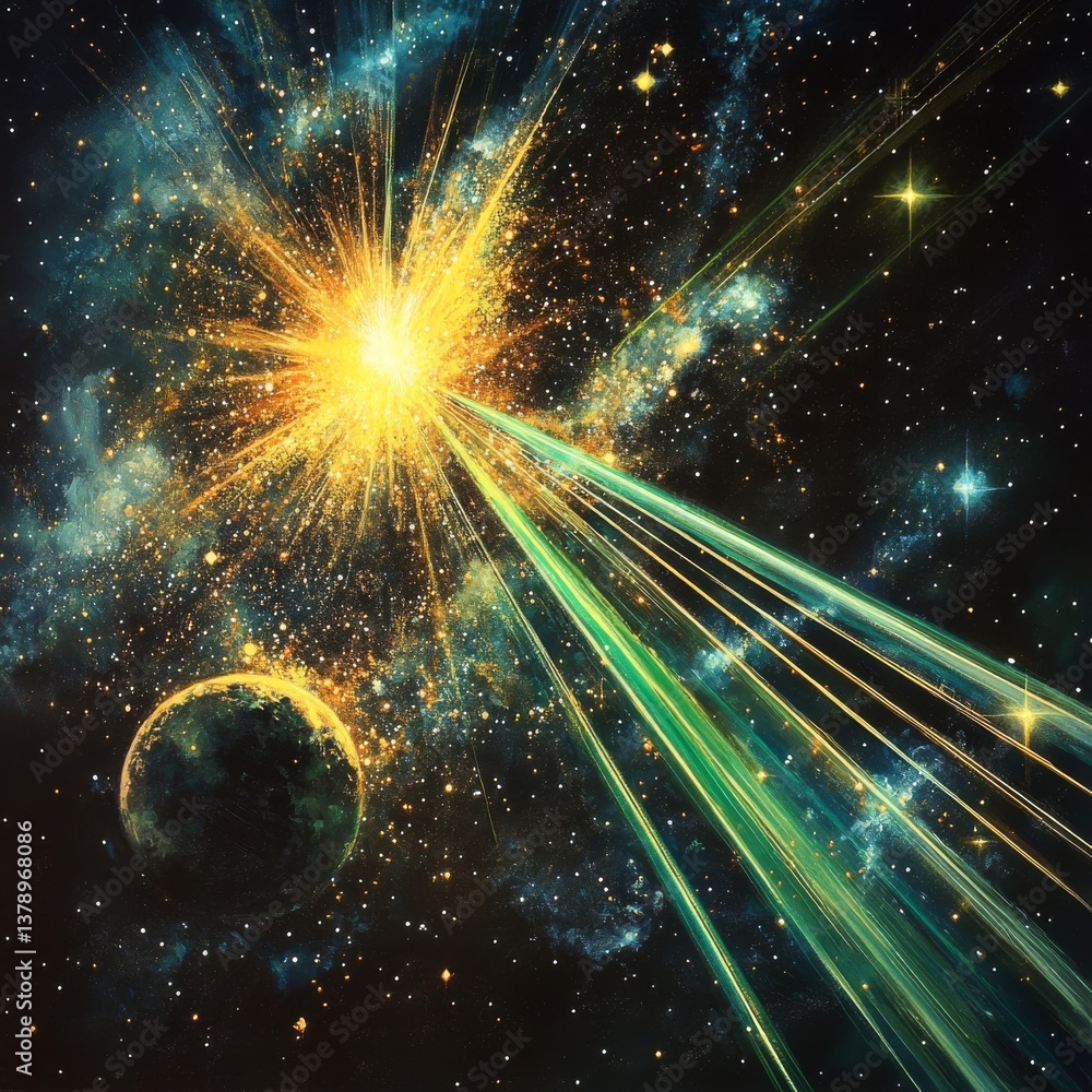 Poster celestial burst: a cosmic event with radiating light beams illuminating a distant planet in a starry