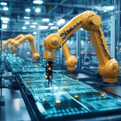 Automated Production Line: Robotic Arms Assembling Complex Electronic Components in a Futuristic Factory Setting