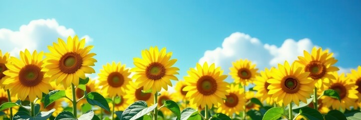 Obraz premium Golden sunflowers sway gently in a summer breeze, azure sky above , sunlight, background