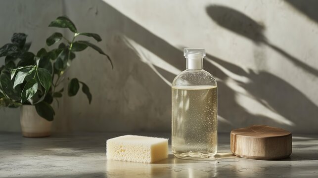 Minimalist bathroom setting featuring natural cleaning products, a sponge, and a houseplant in warm sunlight
