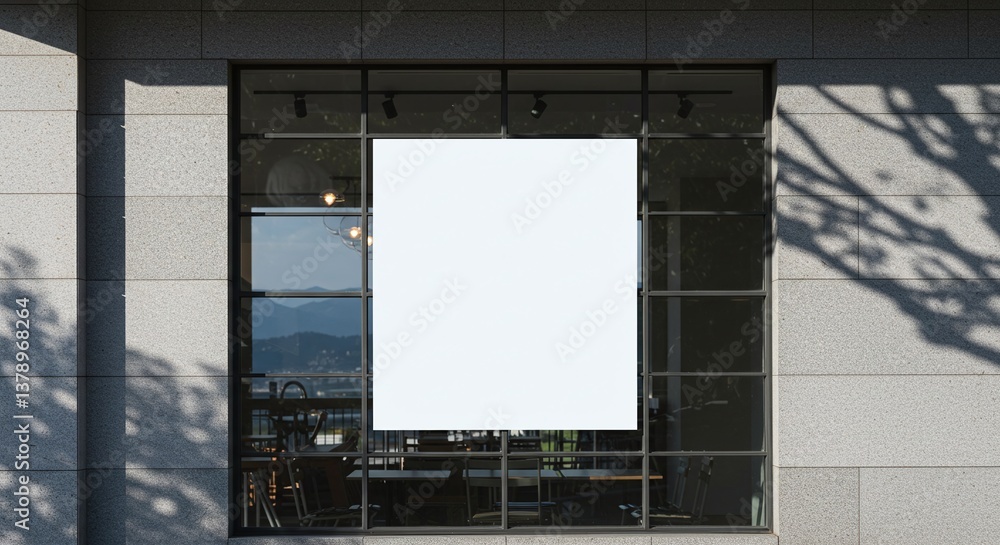 Poster a blank square advertisement on a window of a building and show a natural shadow on glass