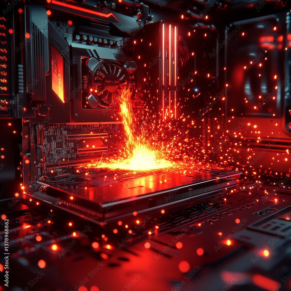 Poster Fiery Core: Red Sparks and Glowing Components Inside a High-Performance Computer System