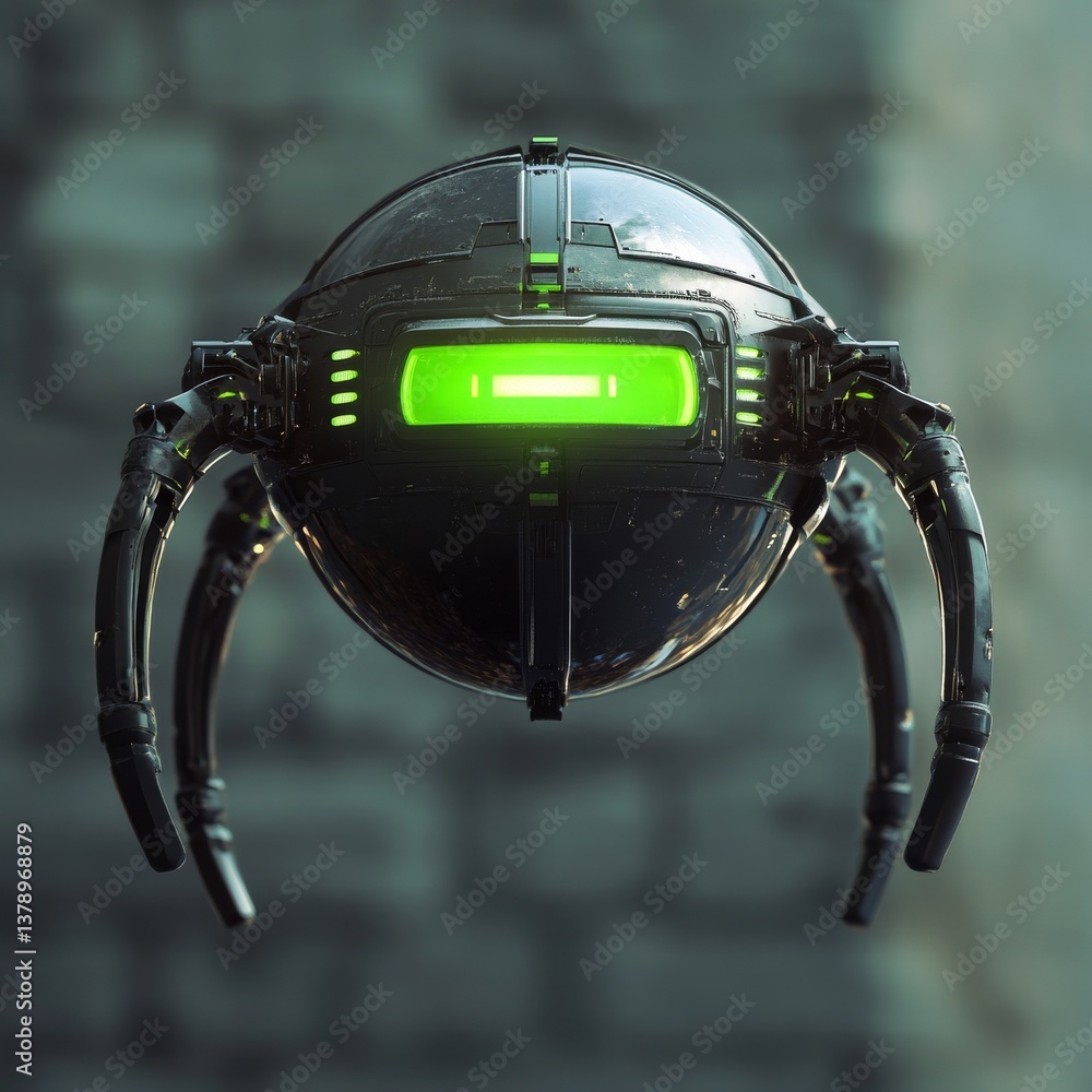 Aufkleber Futuristic Drone: A Sleek, Spherical Robot Hovering with a Bright Green Display Screen, Emerging from a Dark and Mysterious Urban Landscape.