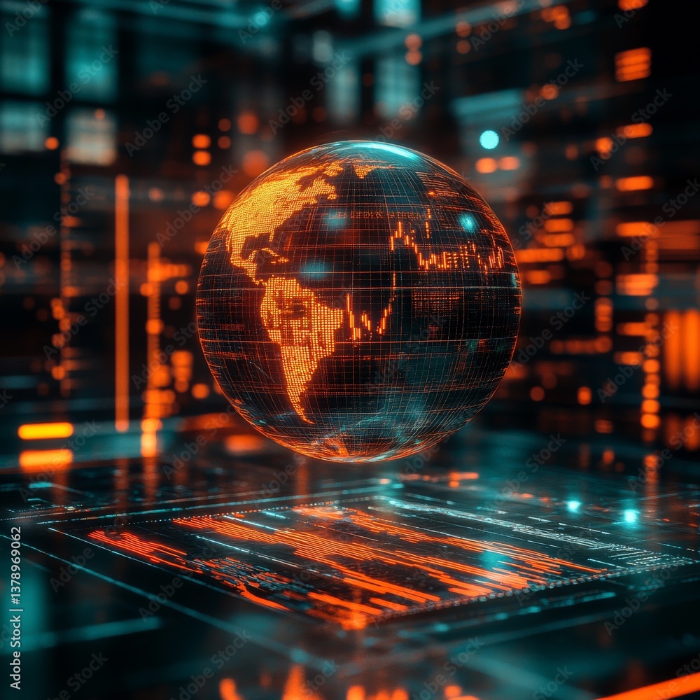 Poster global financial data visualization: a spherical representation of market trends and technological c