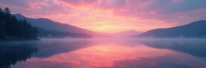 Obraz premium Serene lake, misty dawn, still water reflecting sky, tranquil, sun