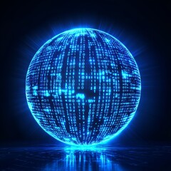 Obraz premium Glowing Digital Sphere with Binary Code: A Futuristic Representation of Data and Global Network Connectivity