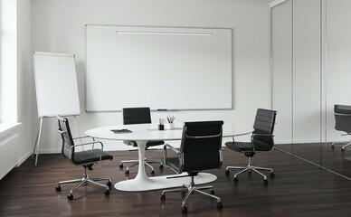 Modern meeting room with a white table and chairs arranged around it, with a whiteboard and flip chart. The room has a minimalistic design and is well-lit.