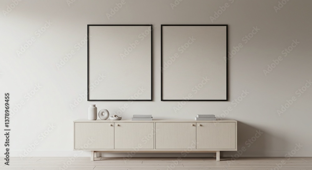 Poster two empty picture frames hanging above a cabinet. this minimalist setup showcases a sleek, modern de