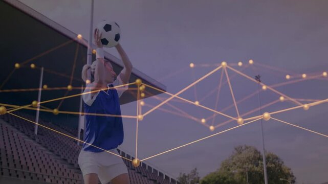 Soccer player preparing to throw ball with network connections animation overlay