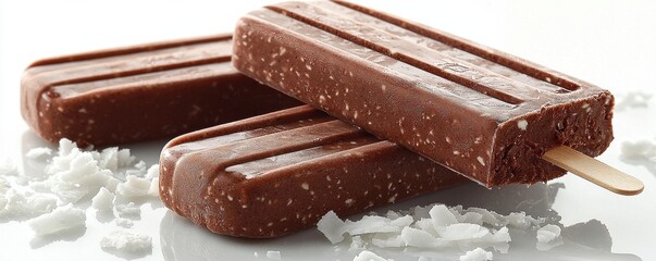 Chocolate fudge popsicles garnished with coconut flakes in a close-up composition