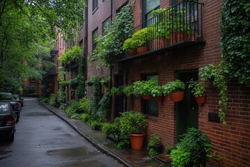 Fototapeta premium Charming urban alley adorned with vibrant greenery and lush plants on rainy day