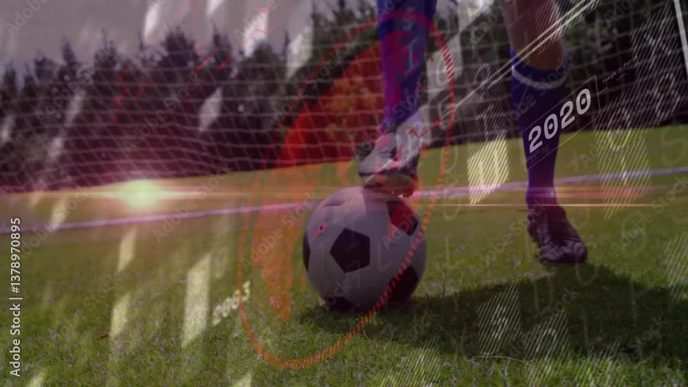 Poster soccer player kicking ball over digital animation with numbers and graphs