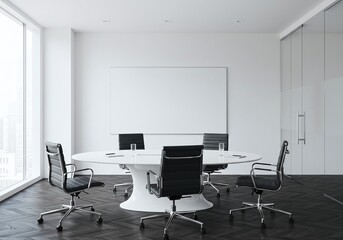 Modern empty meeting room with a white board and glass partition