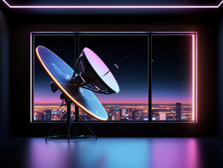 Futuristic Satellite Dish in a Neon Lit Cityscape at Night