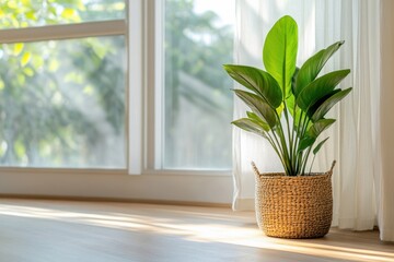 Fototapeta premium Bright sunlight illuminates a lush green plant placed near a window in a cozy room