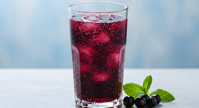 Refreshing sparkling blackcurrant fizz beverage with ice and fresh mint leaves