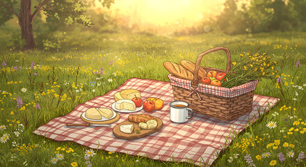 Enchanting summer picnic scene with gourmet treats and a basket brimming with delights